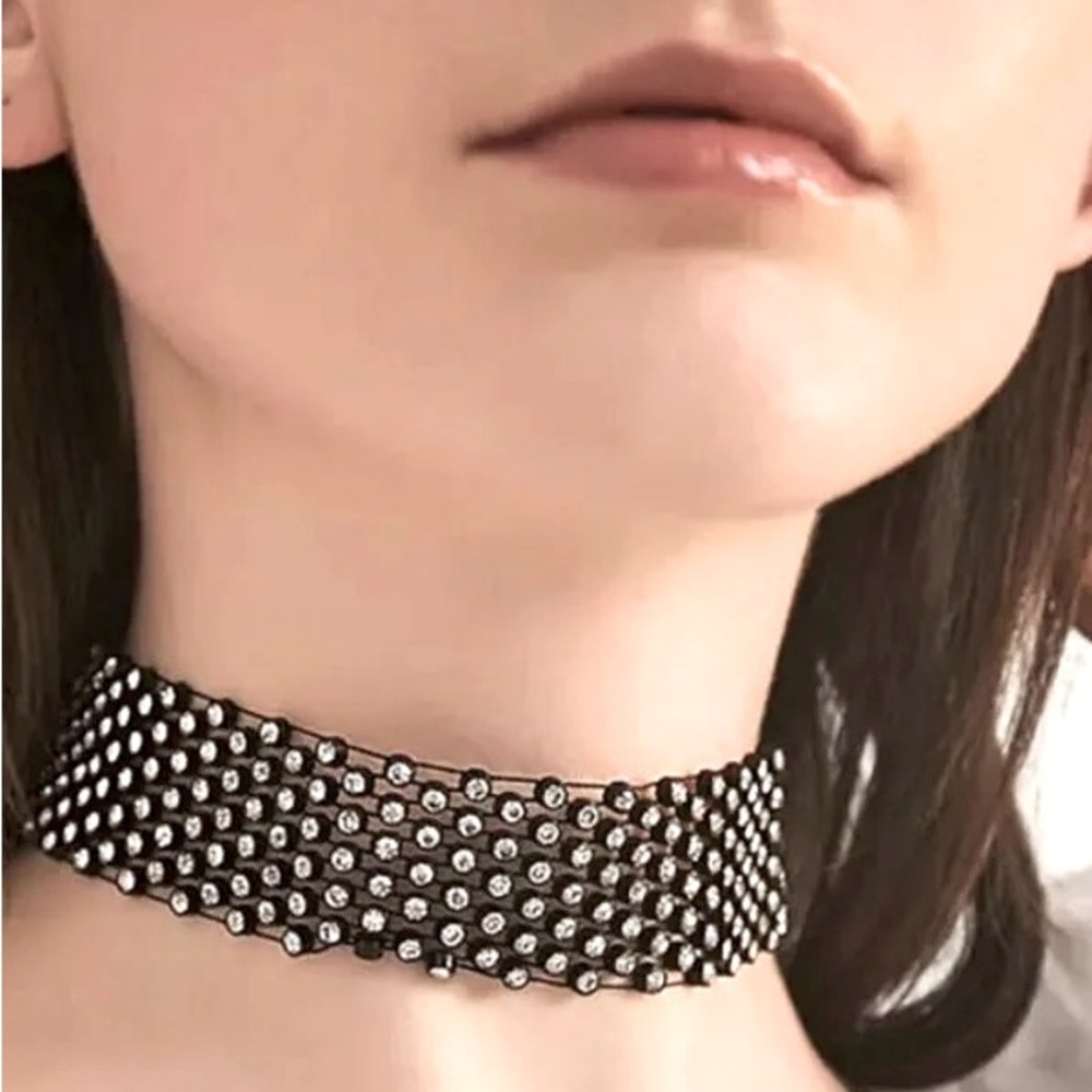 Rhinestones Rows Black mesh Choker Goth intricated lightweight Necklace 12"+2.5"